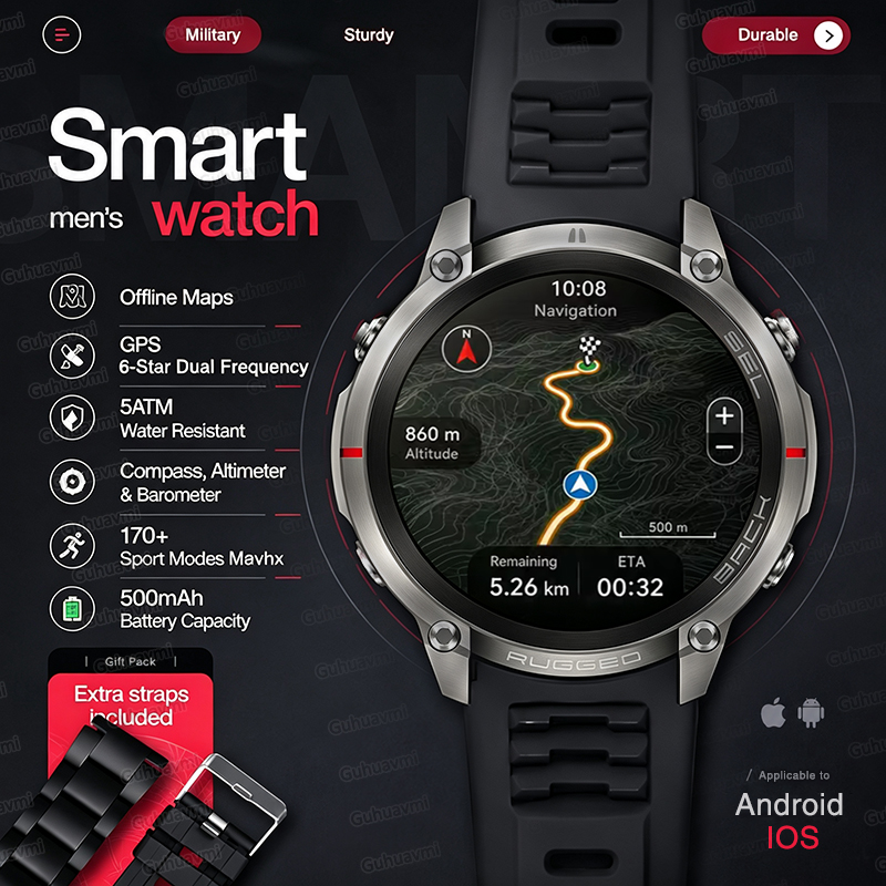 Smartwatch Rugged Watches For Men - NUOVO Smartwatch Militare Robusto con GPS